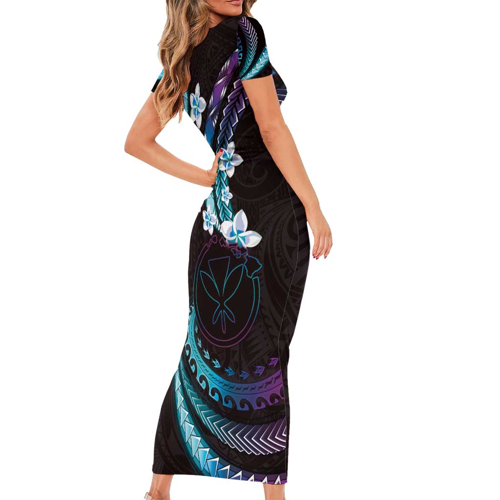 Hawaii Map Kanaka Maoli Short Sleeve Bodycon Dress Fantastic Frangipani Amethyst Gradient