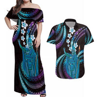 Hawaii King Kamehameha Couples Matching Off Shoulder Maxi Dress and Hawaiian Shirt Fantastic Plumeria Amethyst Gradient LT01 Purple - Polynesian Pride