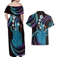 Hawaii King Kamehameha Couples Matching Off Shoulder Maxi Dress and Hawaiian Shirt Fantastic Plumeria Amethyst Gradient LT01 - Polynesian Pride
