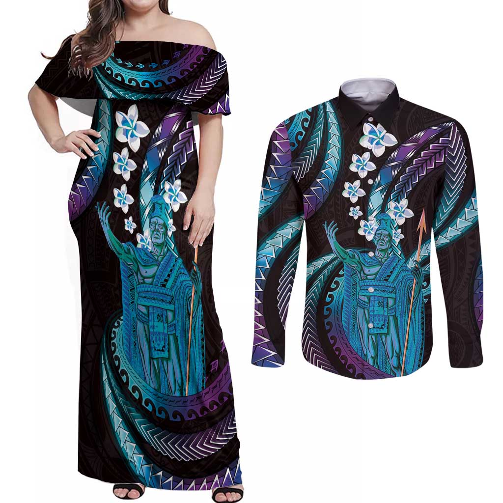 Hawaii King Kamehameha Couples Matching Off Shoulder Maxi Dress and Long Sleeve Button Shirt Fantastic Plumeria Amethyst Gradient LT01 Purple - Polynesian Pride
