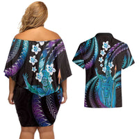 Hawaii King Kamehameha Couples Matching Off Shoulder Short Dress and Hawaiian Shirt Fantastic Plumeria Amethyst Gradient LT01 - Polynesian Pride