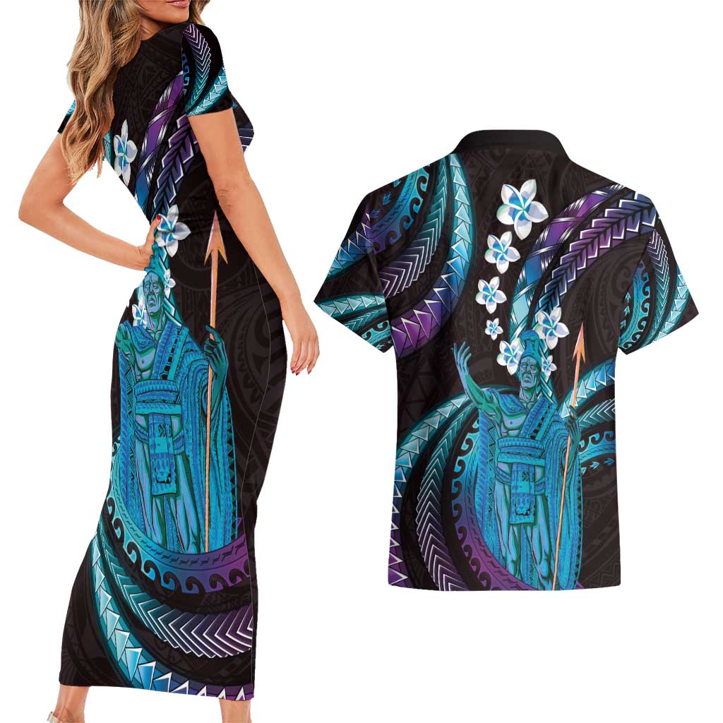 Hawaii King Kamehameha Couples Matching Short Sleeve Bodycon Dress and Hawaiian Shirt Fantastic Plumeria Amethyst Gradient