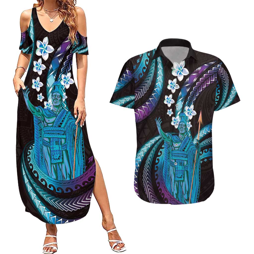 Hawaii King Kamehameha Couples Matching Summer Maxi Dress and Hawaiian Shirt Fantastic Plumeria Amethyst Gradient LT01 Purple - Polynesian Pride
