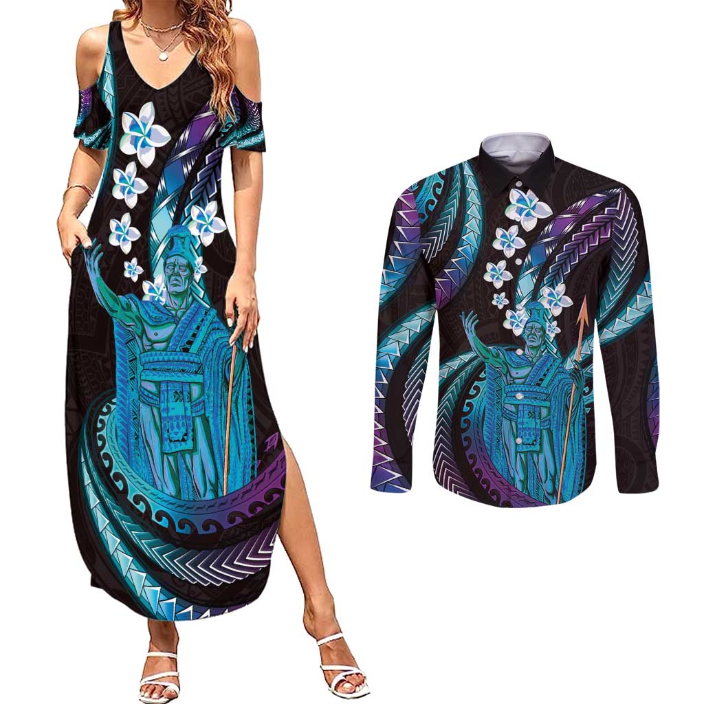 Hawaii King Kamehameha Couples Matching Summer Maxi Dress and Long Sleeve Button Shirt Fantastic Plumeria Amethyst Gradient LT01 Purple - Polynesian Pride