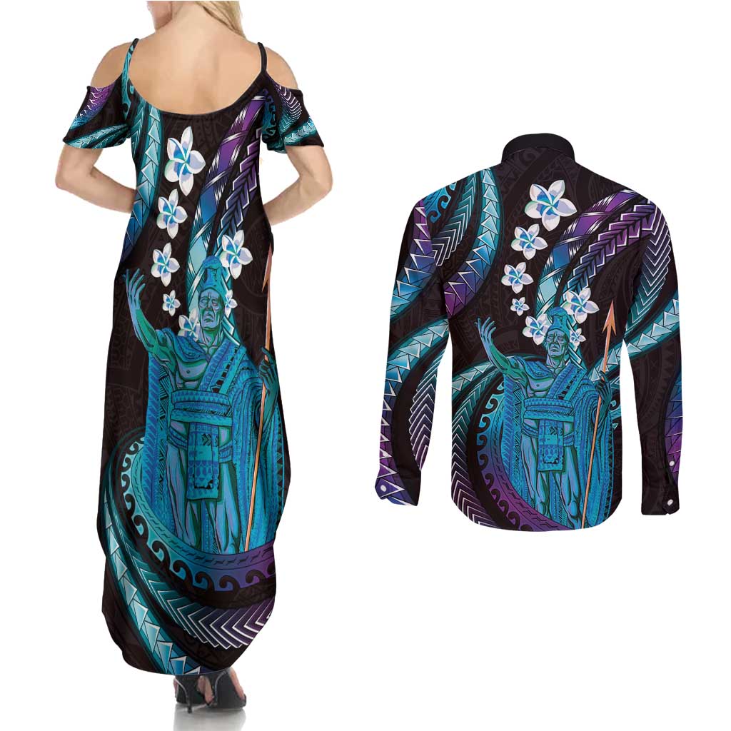 Hawaii King Kamehameha Couples Matching Summer Maxi Dress and Long Sleeve Button Shirt Fantastic Plumeria Amethyst Gradient LT01 - Polynesian Pride