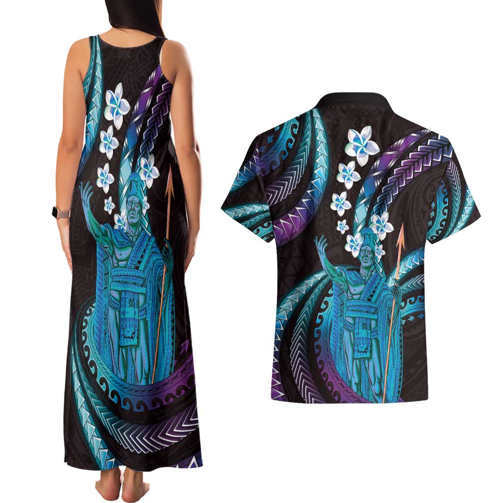 Hawaii King Kamehameha Couples Matching Tank Maxi Dress and Hawaiian Shirt Fantastic Plumeria Amethyst Gradient LT01 - Polynesian Pride