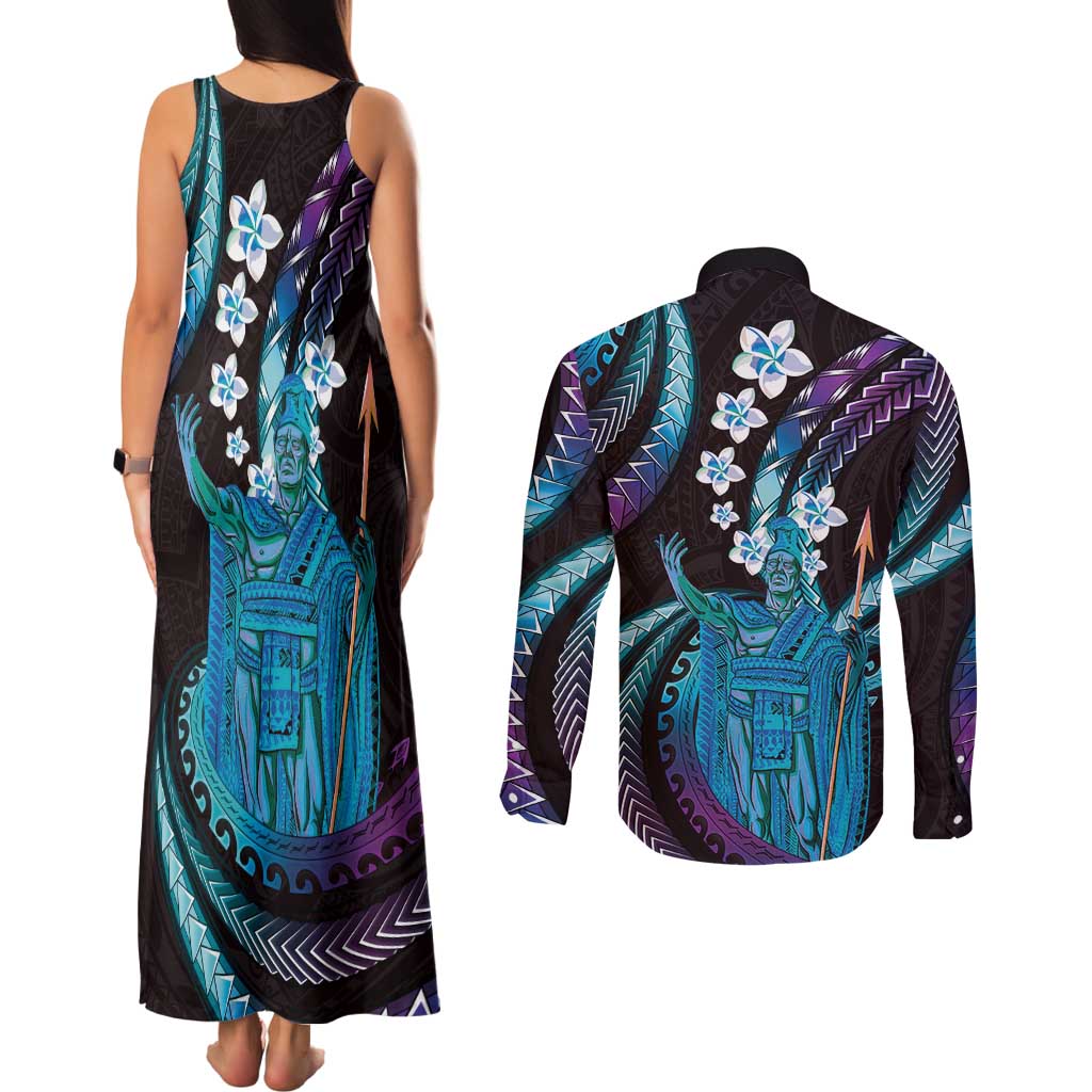 Hawaii King Kamehameha Couples Matching Tank Maxi Dress and Long Sleeve Button Shirt Fantastic Plumeria Amethyst Gradient LT01 - Polynesian Pride