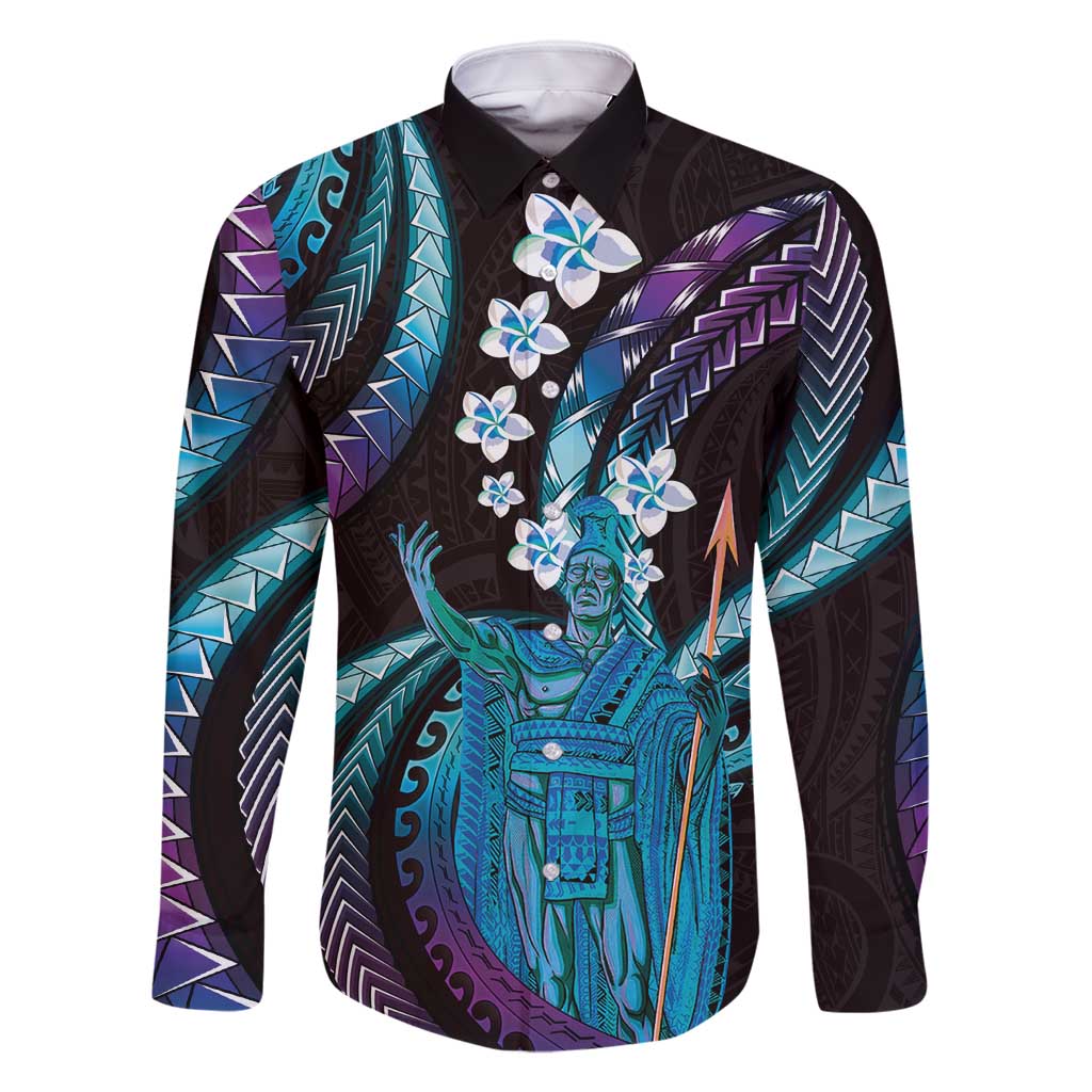 Hawaii King Kamehameha Family Matching Long Sleeve Bodycon Dress and Hawaiian Shirt Fantastic Plumeria Amethyst Gradient LT01 Dad's Shirt - Long Sleeve Purple - Polynesian Pride