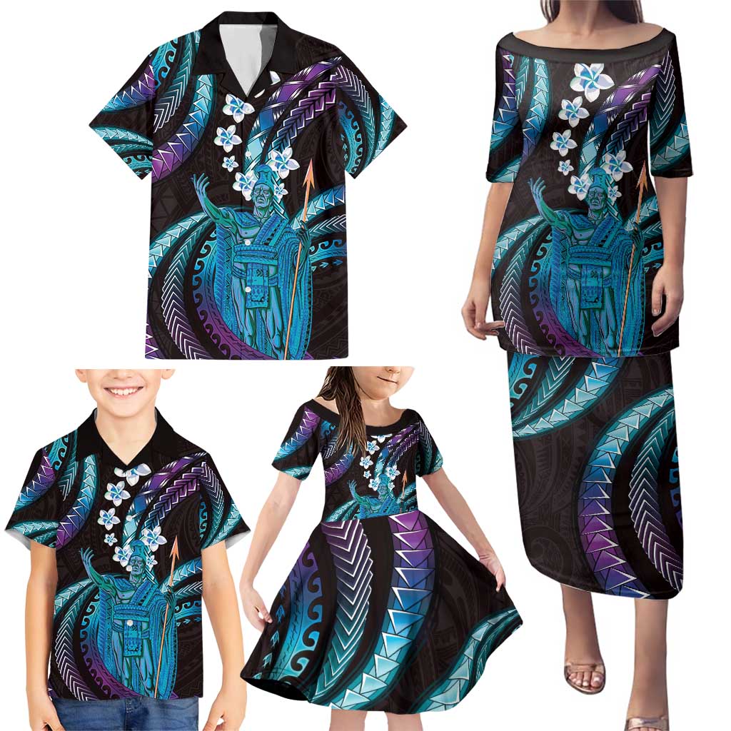Hawaii King Kamehameha Family Matching Puletasi and Hawaiian Shirt Fantastic Plumeria Amethyst Gradient