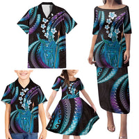Hawaii King Kamehameha Family Matching Puletasi and Hawaiian Shirt Fantastic Plumeria Amethyst Gradient