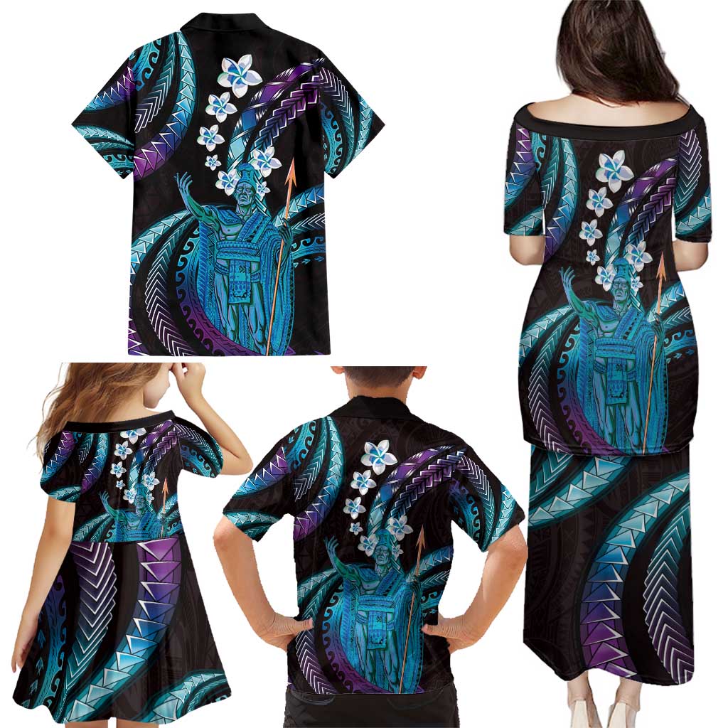 Hawaii King Kamehameha Family Matching Puletasi and Hawaiian Shirt Fantastic Plumeria Amethyst Gradient