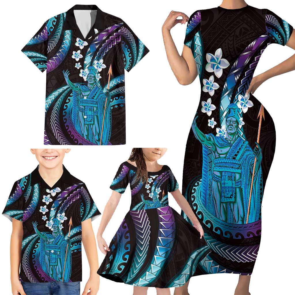 Hawaii King Kamehameha Family Matching Short Sleeve Bodycon Dress and Hawaiian Shirt Fantastic Plumeria Amethyst Gradient LT01 - Polynesian Pride