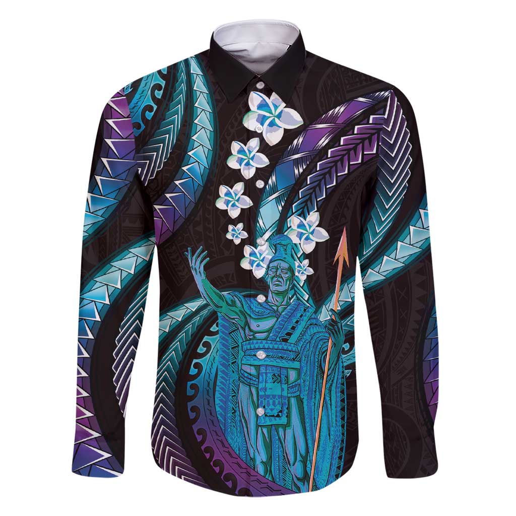 Hawaii King Kamehameha Family Matching Short Sleeve Bodycon Dress and Hawaiian Shirt Fantastic Plumeria Amethyst Gradient LT01 Dad's Shirt - Long Sleeve Purple - Polynesian Pride