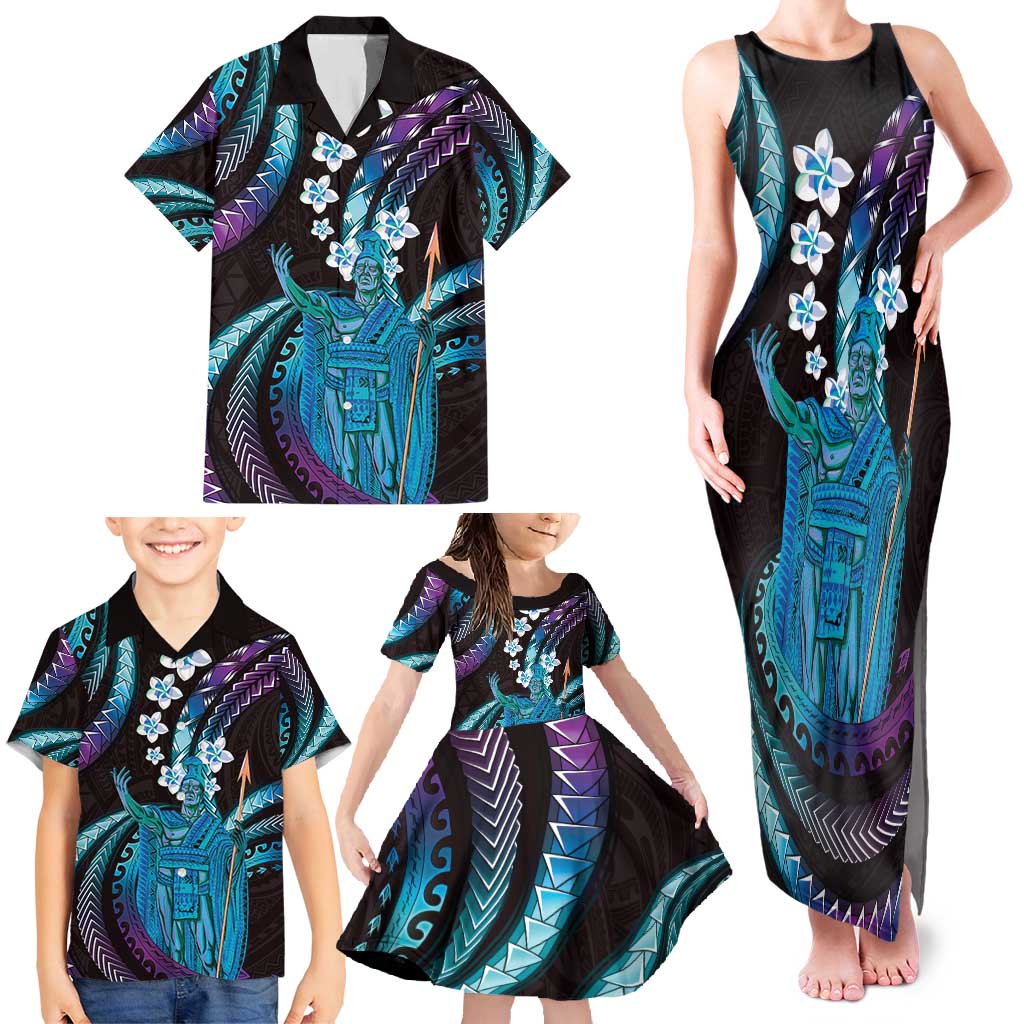 Hawaii King Kamehameha Family Matching Tank Maxi Dress and Hawaiian Shirt Fantastic Plumeria Amethyst Gradient LT01 - Polynesian Pride