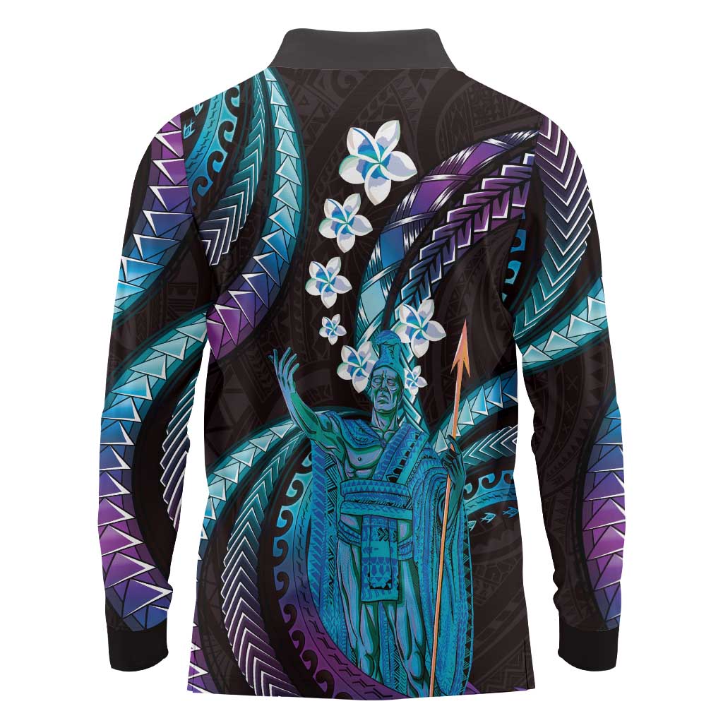 Hawaii King Kamehameha Long Sleeve Polo Shirt Fantastic Plumeria Amethyst Gradient