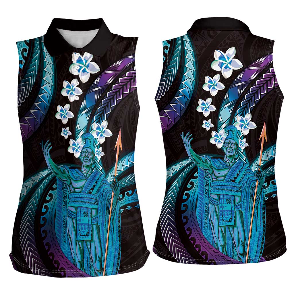 Hawaii King Kamehameha Women Sleeveless Polo Shirt Fantastic Plumeria Amethyst Gradient
