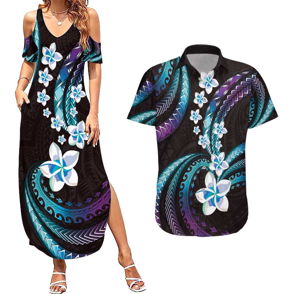 Hawaii Plumeria Couples Matching Summer Maxi Dress and Hawaiian Shirt Amethyst Gradient Polynesian Pattern
