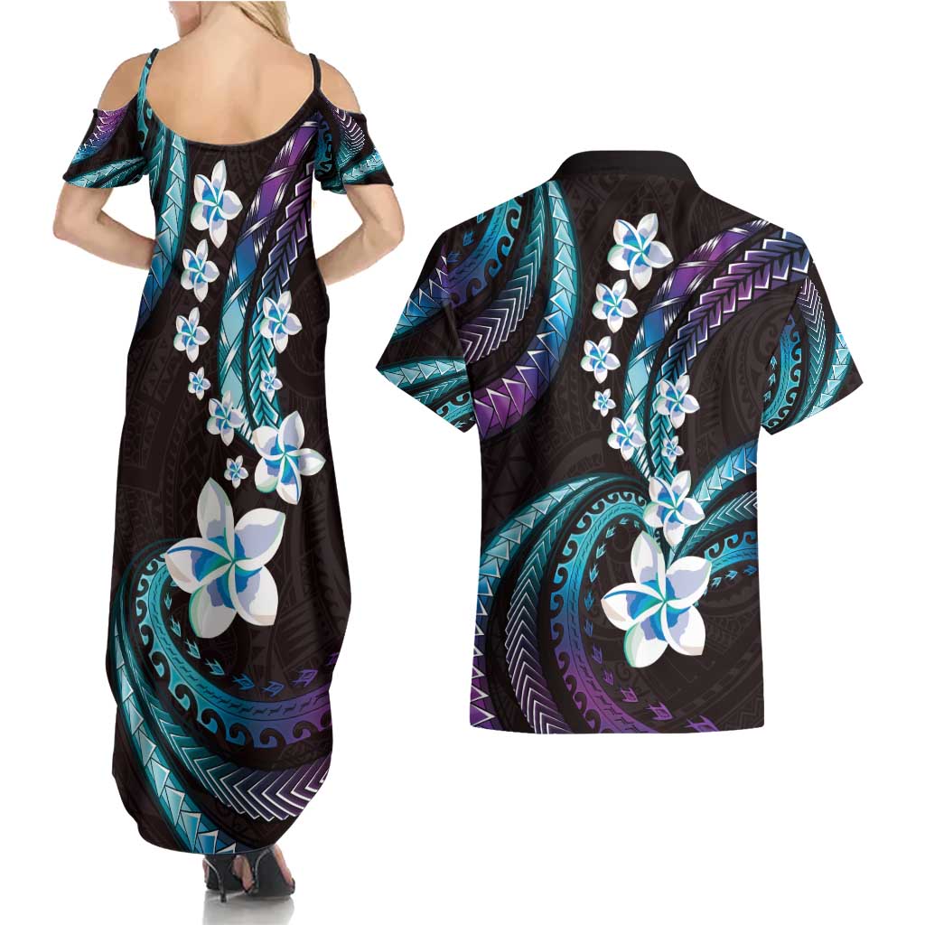 Hawaii Plumeria Couples Matching Summer Maxi Dress and Hawaiian Shirt Amethyst Gradient Polynesian Pattern