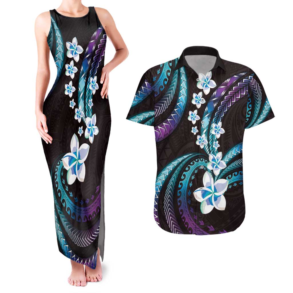 Hawaii Plumeria Couples Matching Tank Maxi Dress and Hawaiian Shirt Amethyst Gradient Polynesian Pattern