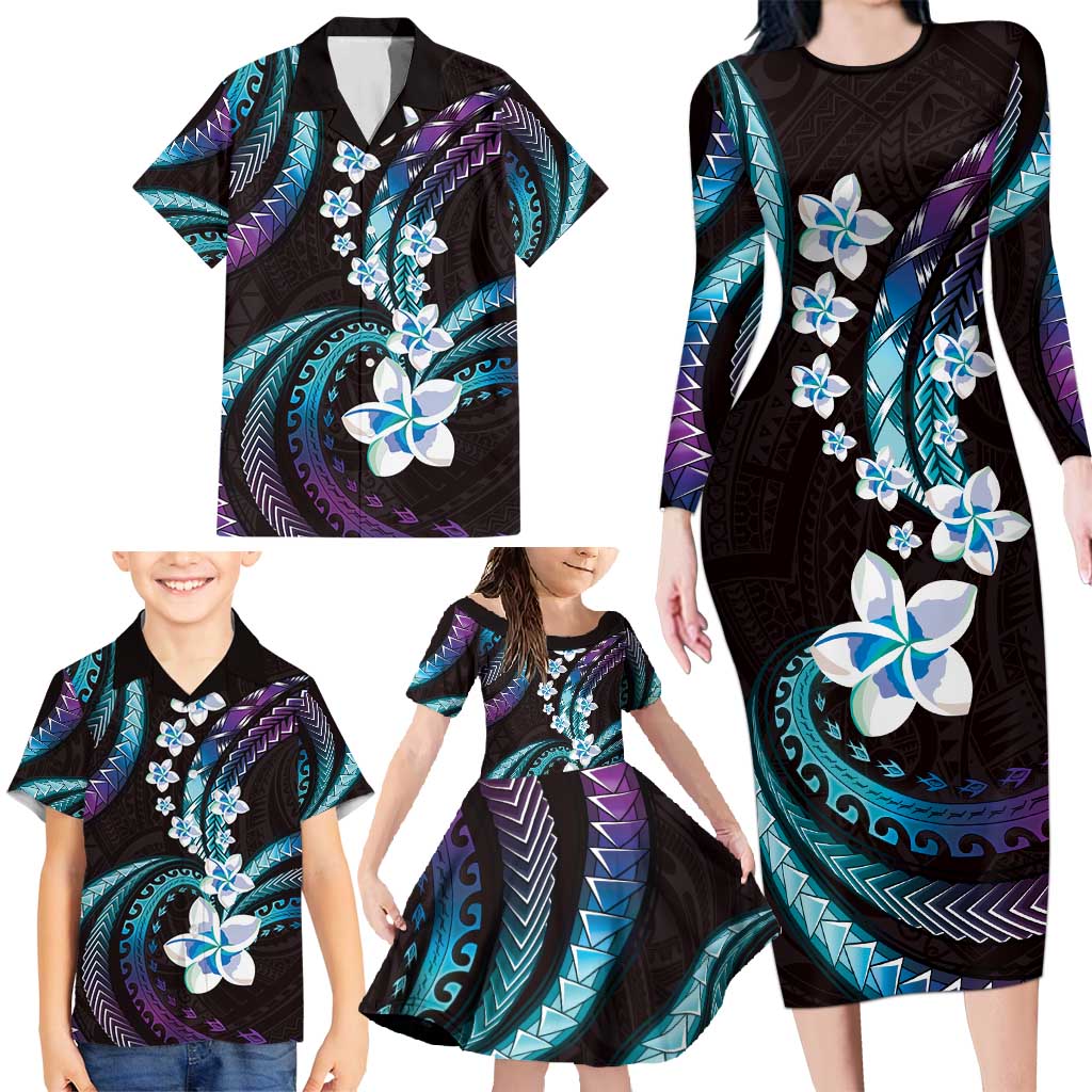 Hawaii Plumeria Family Matching Long Sleeve Bodycon Dress and Hawaiian Shirt Amethyst Gradient Polynesian Pattern