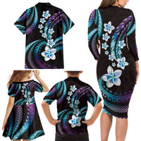 Hawaii Plumeria Family Matching Long Sleeve Bodycon Dress and Hawaiian Shirt Amethyst Gradient Polynesian Pattern