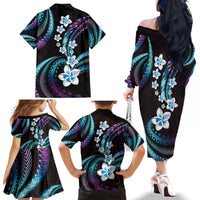 Hawaii Plumeria Family Matching Off The Shoulder Long Sleeve Dress and Hawaiian Shirt Amethyst Gradient Polynesian Pattern