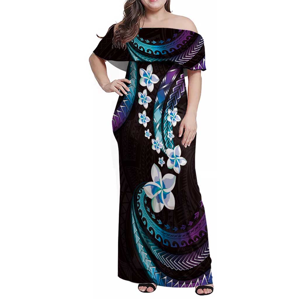 Hawaii Plumeria Family Matching Off Shoulder Maxi Dress and Hawaiian Shirt Amethyst Gradient Polynesian Pattern