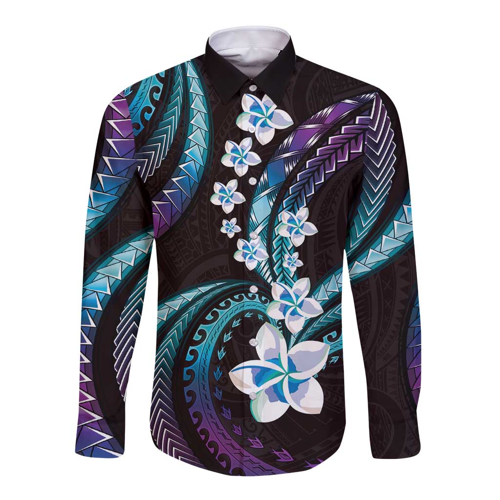 Hawaii Plumeria Long Sleeve Button Shirt Amethyst Gradient Polynesian Pattern