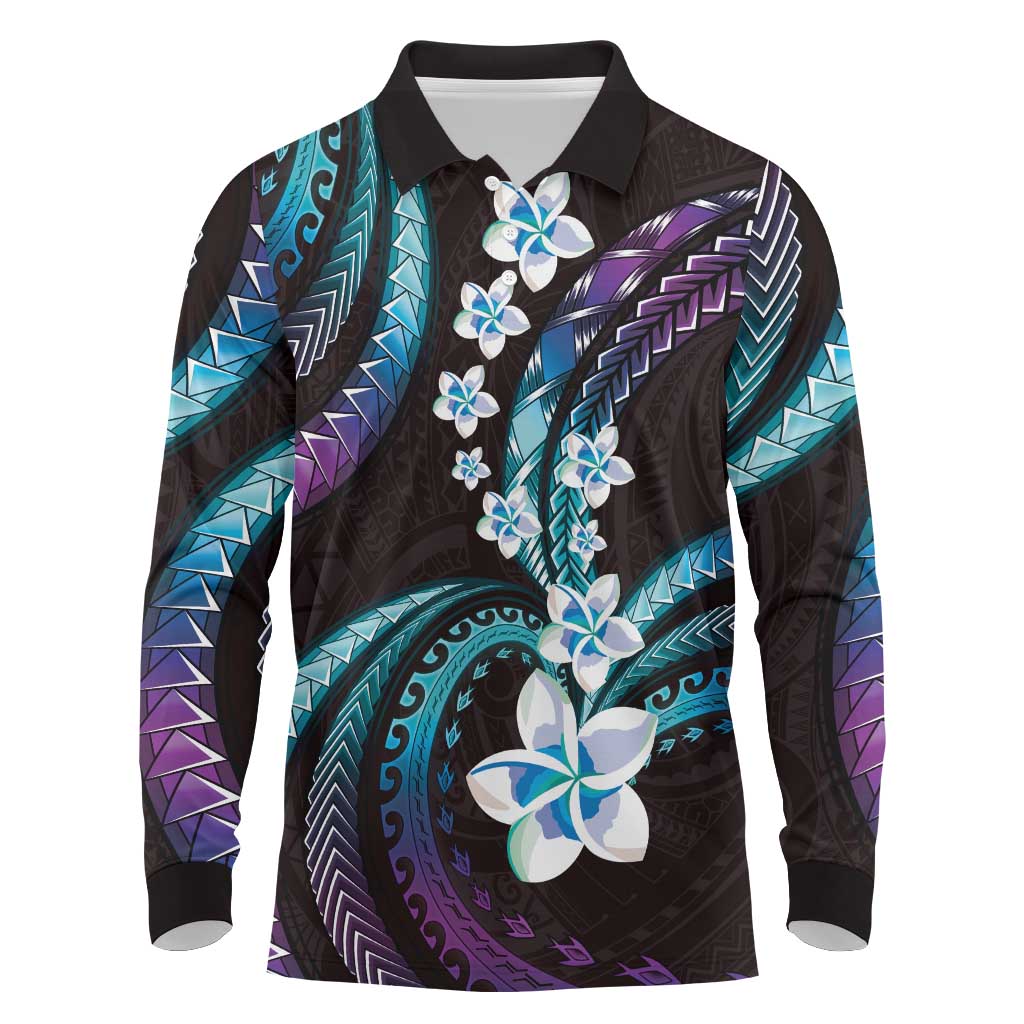 Hawaii Plumeria Long Sleeve Polo Shirt Amethyst Gradient Polynesian Pattern