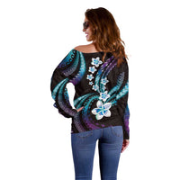 Hawaii Plumeria Off Shoulder Sweater Amethyst Gradient Polynesian Pattern