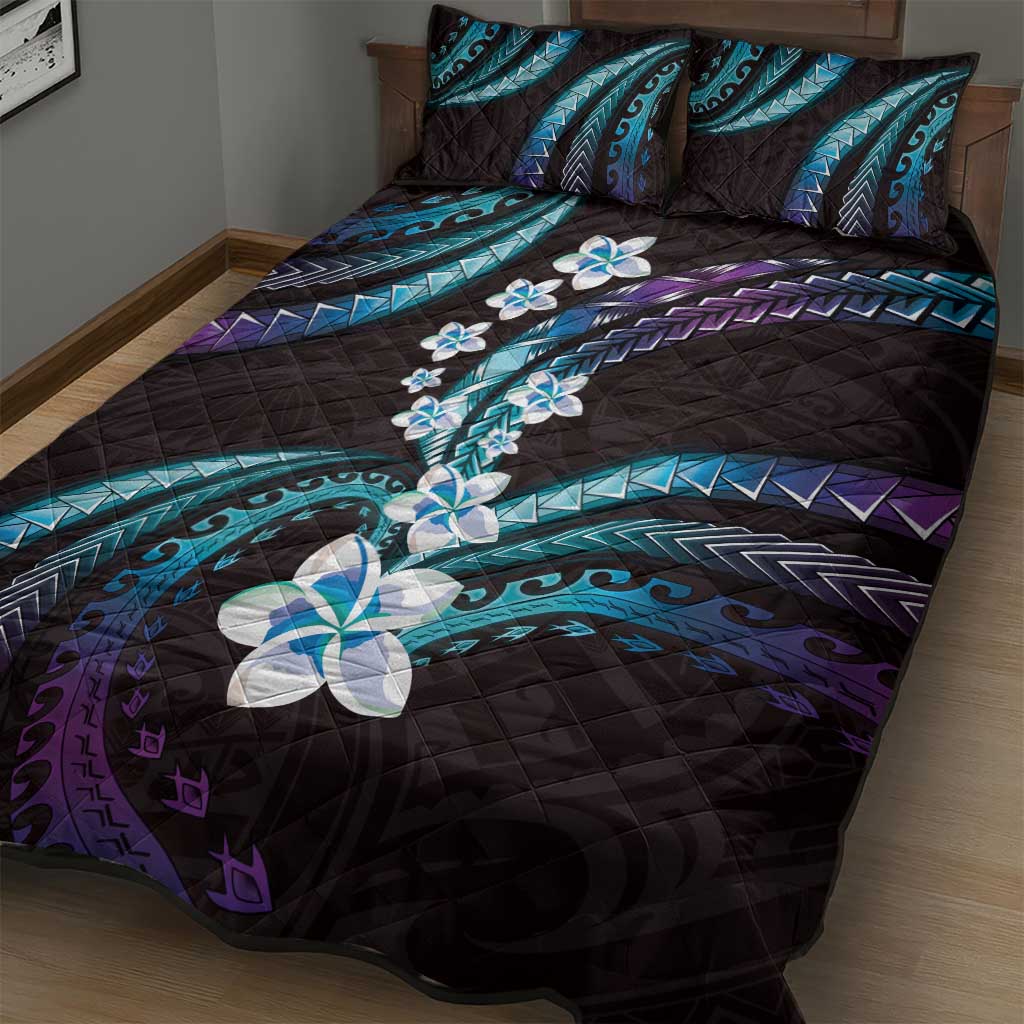 Hawaii Plumeria Quilt Bed Set Amethyst Gradient Polynesian Pattern
