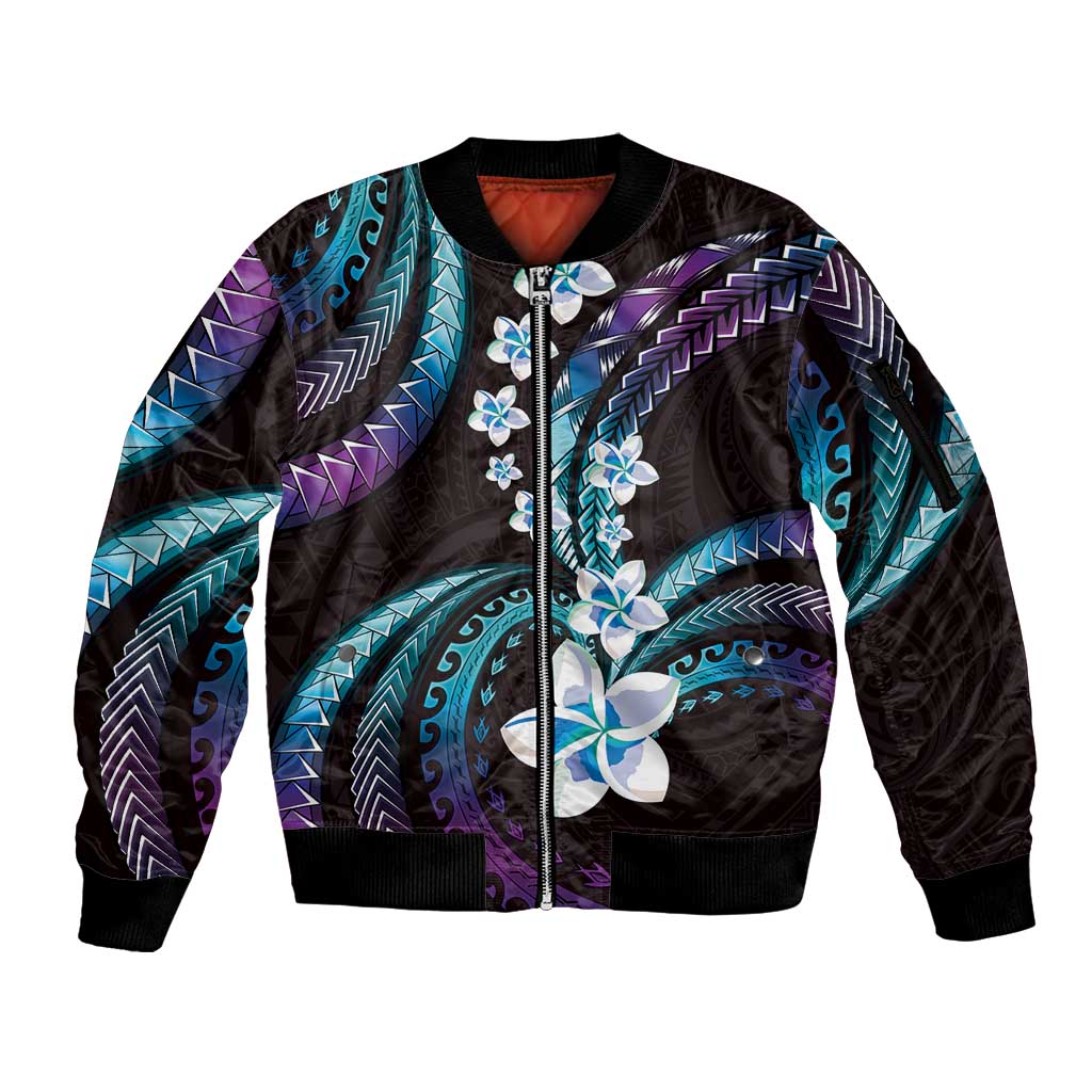 Hawaii Plumeria Sleeve Zip Bomber Jacket Amethyst Gradient Polynesian Pattern