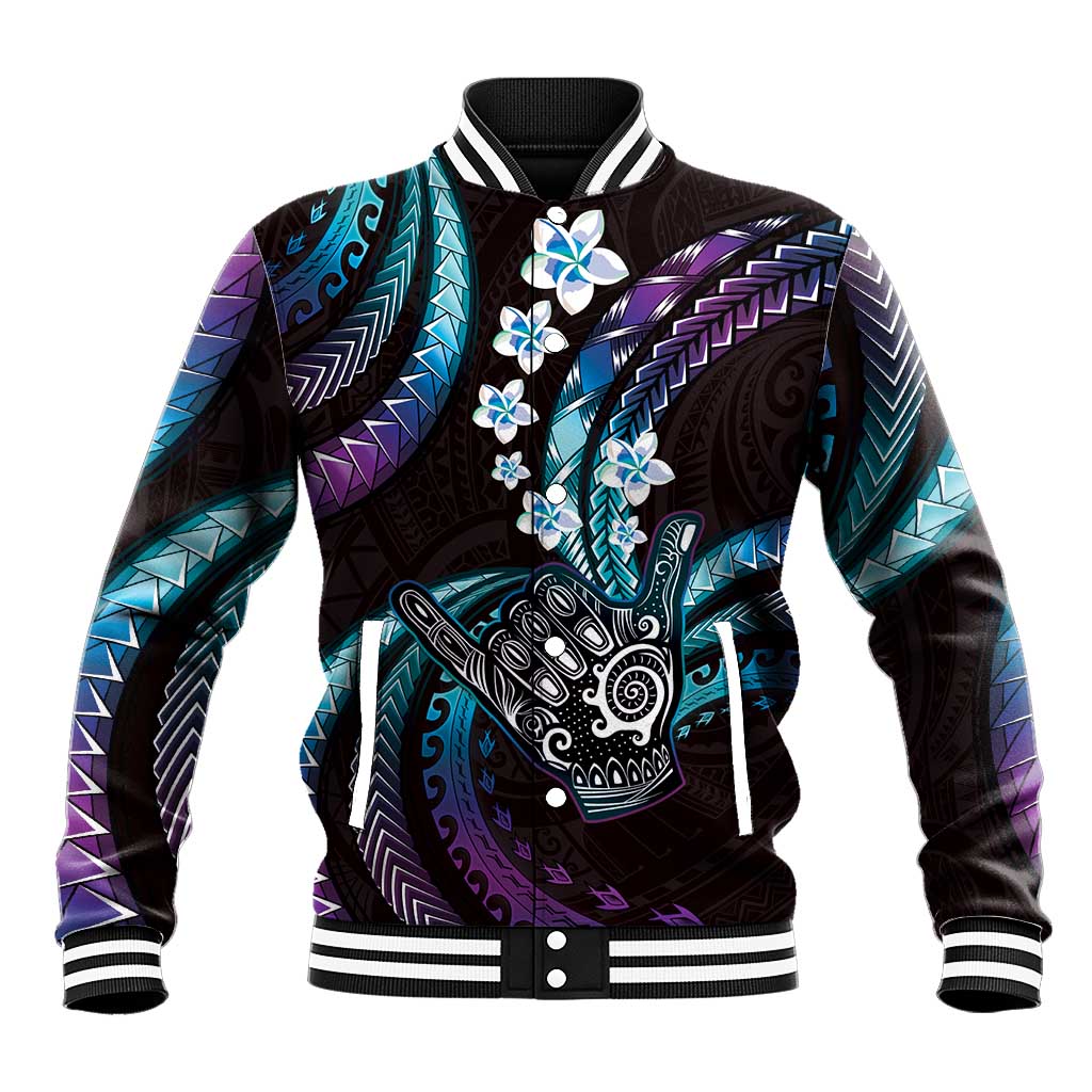 Hawaii Shaka Sign Baseball Jacket Fantastic Frangipani Amethyst Gradient