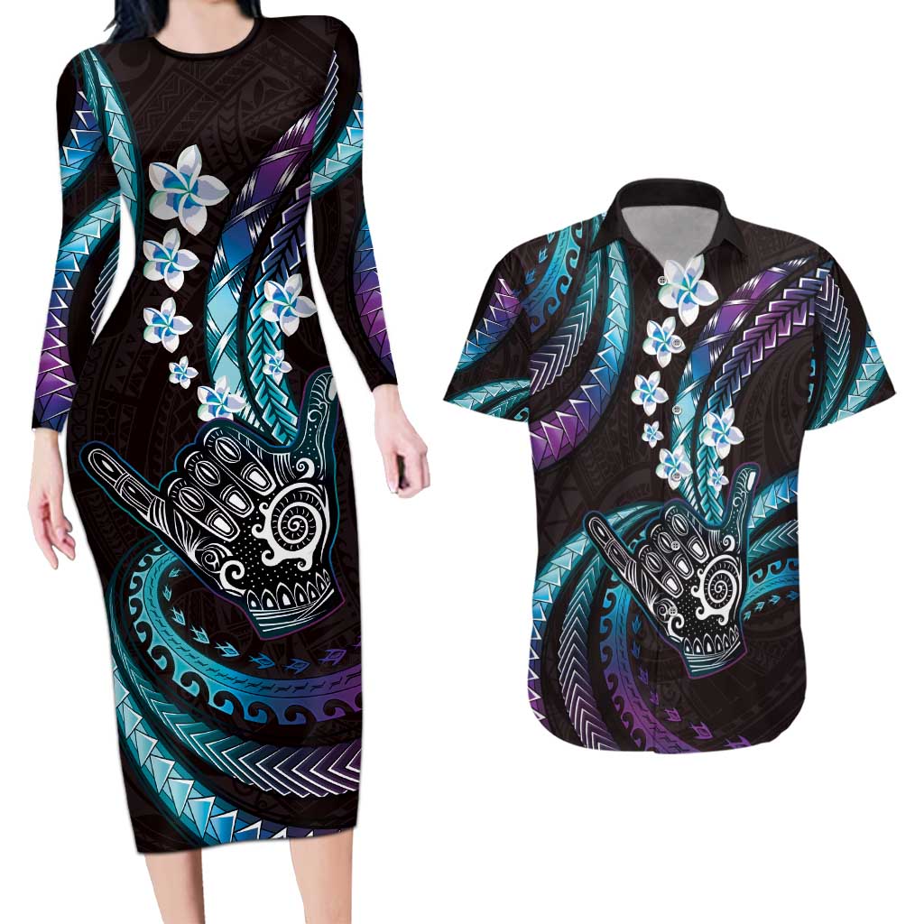 Hawaii Shaka Sign Couples Matching Long Sleeve Bodycon Dress and Hawaiian Shirt Fantastic Frangipani Amethyst Gradient