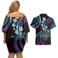 Hawaii Shaka Sign Couples Matching Off Shoulder Short Dress and Hawaiian Shirt Fantastic Frangipani Amethyst Gradient