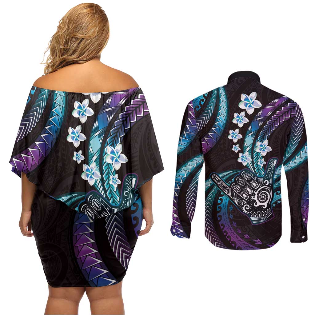 Hawaii Shaka Sign Couples Matching Off Shoulder Short Dress and Long Sleeve Button Shirt Fantastic Frangipani Amethyst Gradient
