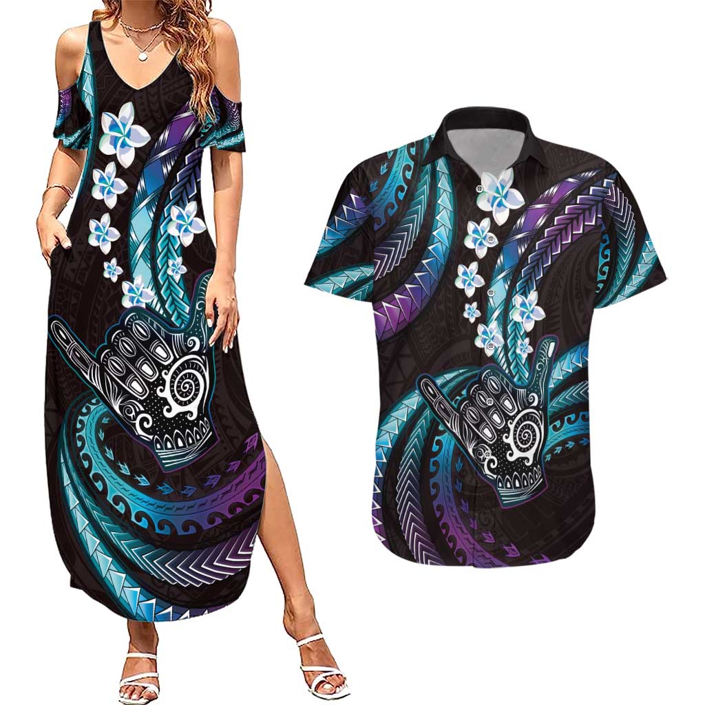 Hawaii Shaka Sign Couples Matching Summer Maxi Dress and Hawaiian Shirt Fantastic Frangipani Amethyst Gradient