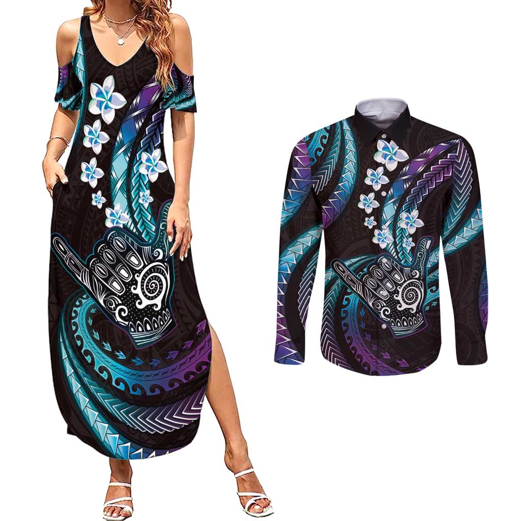 Hawaii Shaka Sign Couples Matching Summer Maxi Dress and Long Sleeve Button Shirt Fantastic Frangipani Amethyst Gradient