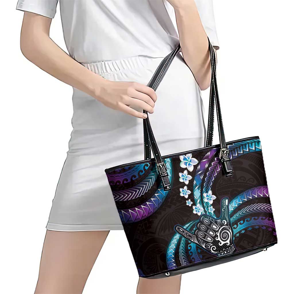 Hawaii Shaka Sign Leather Tote Bag Fantastic Frangipani Amethyst Gradient