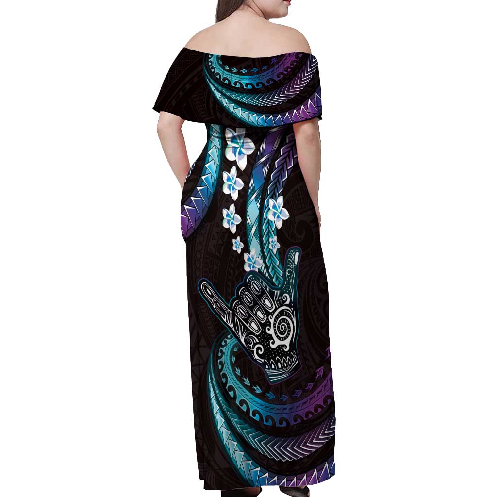 Hawaii Shaka Sign Off Shoulder Maxi Dress Fantastic Frangipani Amethyst Gradient