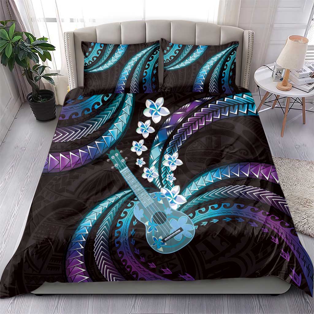 Hawaiian Ukulele Bedding Set Amethyst Gradient Fantastic Plumeria