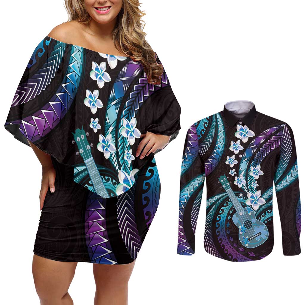 Hawaiian Ukulele Couples Matching Off Shoulder Short Dress and Long Sleeve Button Shirt Amethyst Gradient Fantastic Plumeria