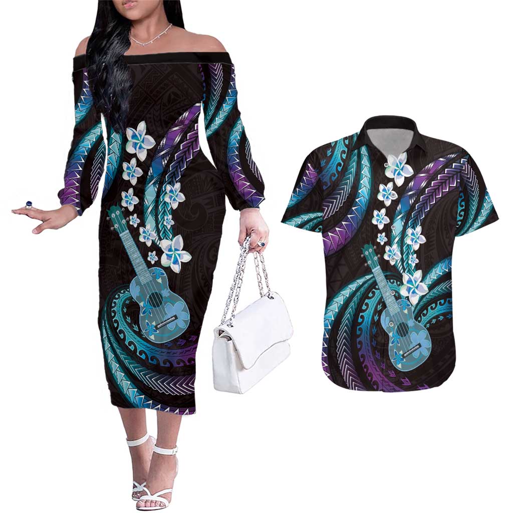 Hawaiian Ukulele Couples Matching Off The Shoulder Long Sleeve Dress and Hawaiian Shirt Amethyst Gradient Fantastic Plumeria