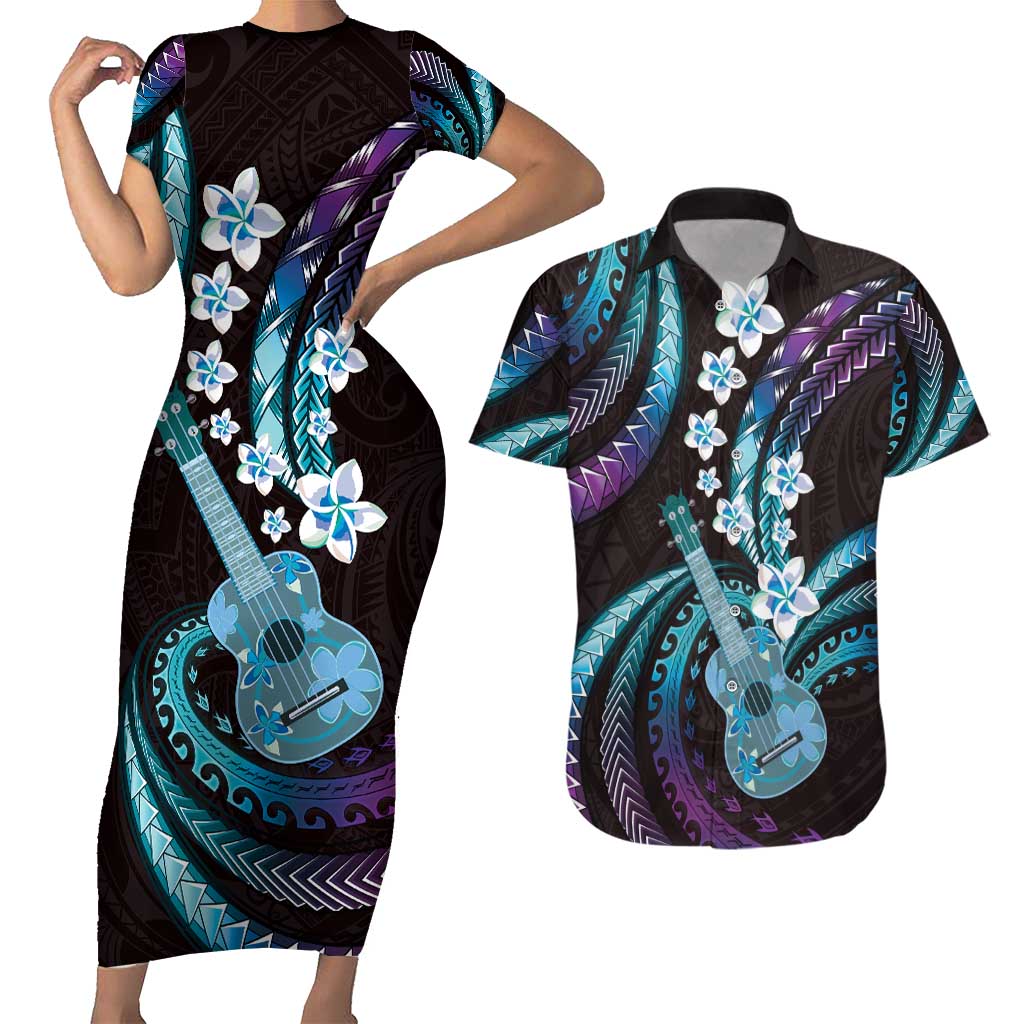 Hawaiian Ukulele Couples Matching Short Sleeve Bodycon Dress and Hawaiian Shirt Amethyst Gradient Fantastic Plumeria