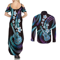 Hawaiian Ukulele Couples Matching Summer Maxi Dress and Long Sleeve Button Shirt Amethyst Gradient Fantastic Plumeria