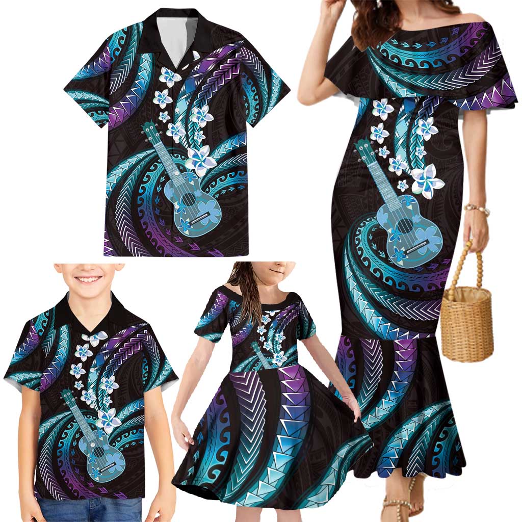 Hawaiian Ukulele Family Matching Mermaid Dress and Hawaiian Shirt Amethyst Gradient Fantastic Plumeria