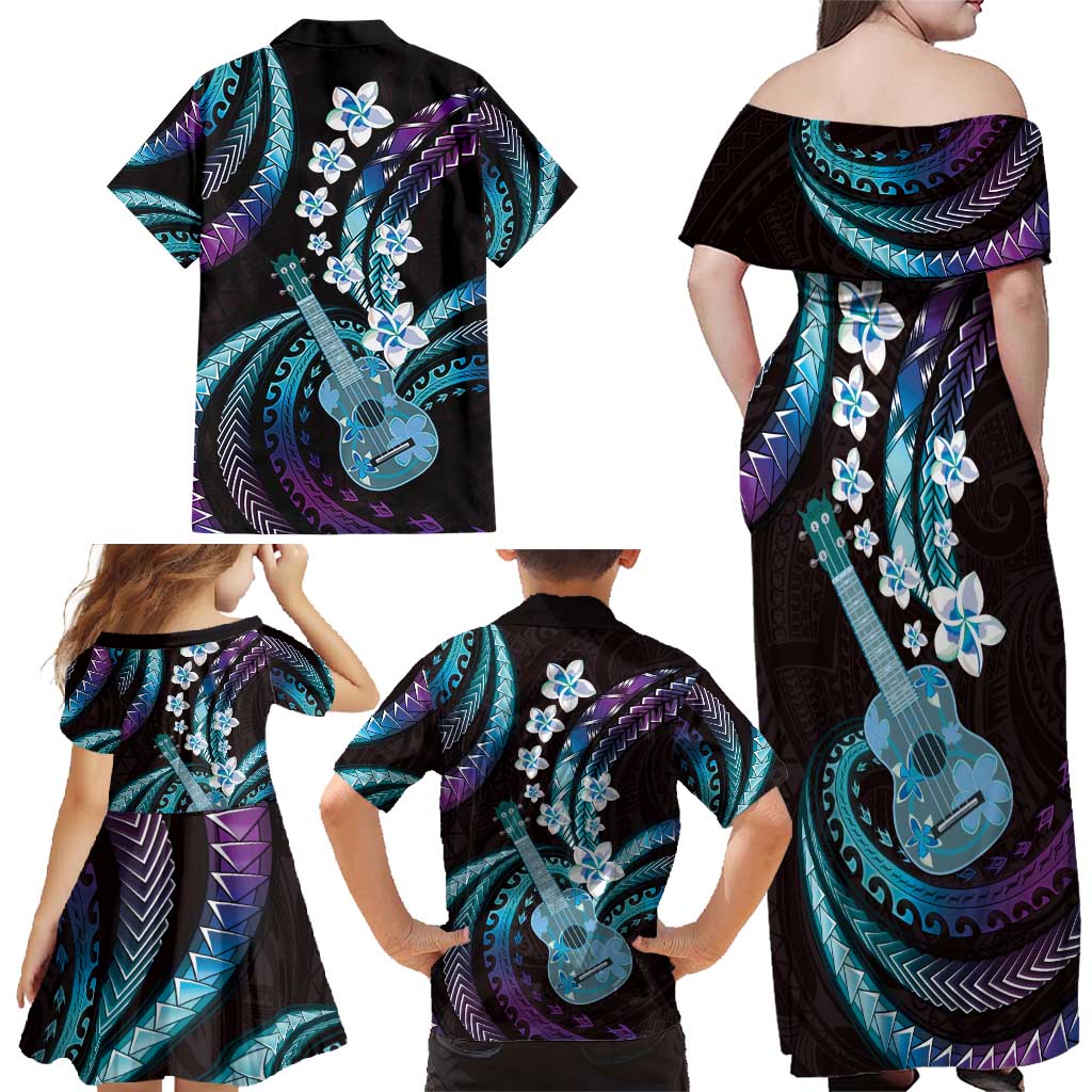 Hawaiian Ukulele Family Matching Off Shoulder Maxi Dress and Hawaiian Shirt Amethyst Gradient Fantastic Plumeria