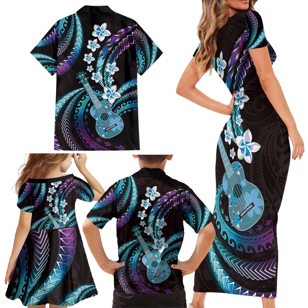 Hawaiian Ukulele Family Matching Short Sleeve Bodycon Dress and Hawaiian Shirt Amethyst Gradient Fantastic Plumeria
