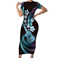 Hawaiian Ukulele Family Matching Short Sleeve Bodycon Dress and Hawaiian Shirt Amethyst Gradient Fantastic Plumeria