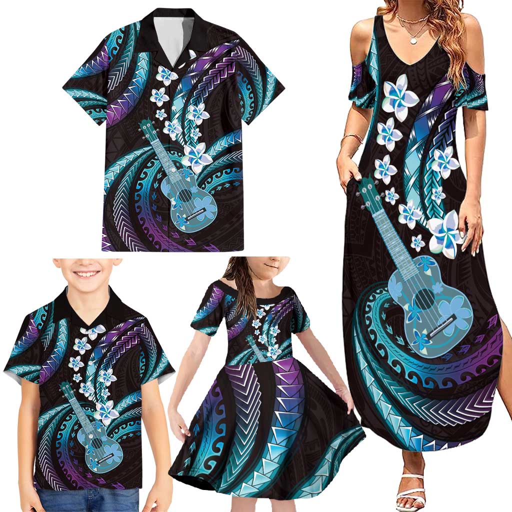 Hawaiian Ukulele Family Matching Summer Maxi Dress and Hawaiian Shirt Amethyst Gradient Fantastic Plumeria